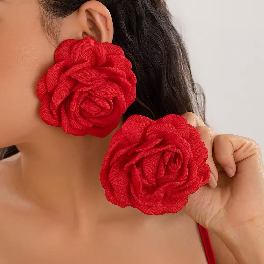 Elegant Blooming Red Rose Earrings